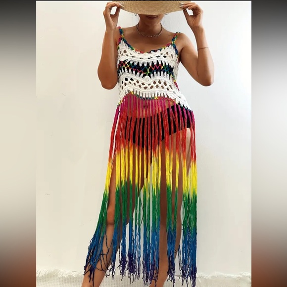 White Rainbow-Color Boho Tassel Beach Cover-Up Dress - Picture 2 of 11